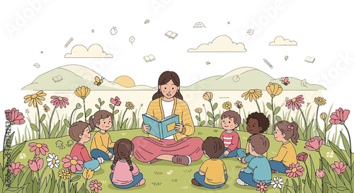 Teacher Reading Book to Diverse Children in Floral Meadow Outdoors
