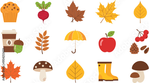 Autumn Fall Icons Collection with Leaves, Pumpkin Muffin, Coffee Cup, Apple, Umbrella and Seasonal Nature Elements Vector Set