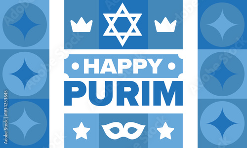 Purim. Happy Purim. Traditional Jewish religious holiday. Star of David, Carnival mask. Israel history. Сelebrated by a masquerade and festival. Poster art. Vector illustration