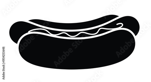 Simple black and white illustration of a hot dog in a bun side view