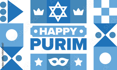 Purim. Happy Purim. Traditional Jewish religious holiday. Star of David, Carnival mask. Israel history. Сelebrated by a masquerade and festival. Poster art. Vector illustration