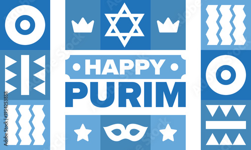 Purim. Happy Purim. Traditional Jewish religious holiday. Star of David, Carnival mask. Israel history. Сelebrated by a masquerade and festival. Poster art. Vector illustration
