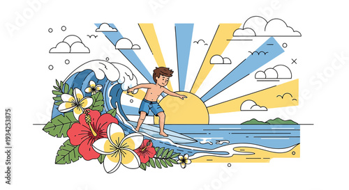 Surfer Boy Riding Wave Tropical Beach Sunset Illustration