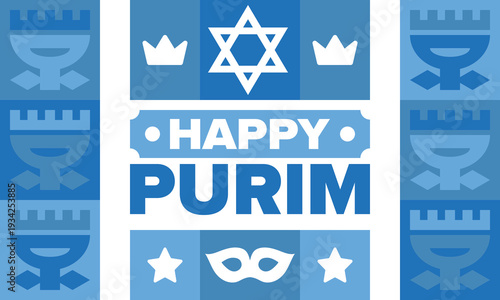 Purim. Happy Purim. Traditional Jewish religious holiday. Star of David, Carnival mask. Israel history. Сelebrated by a masquerade and festival. Poster art. Vector illustration