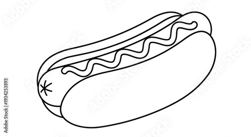 Simple line drawing of a hot dog in a bun viewed at an angle