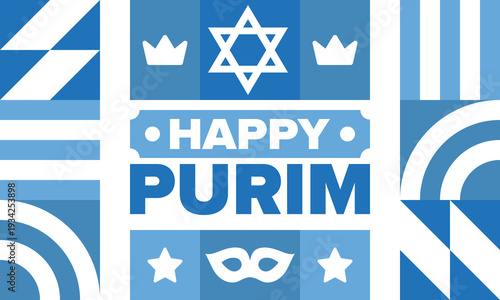 Purim. Happy Purim. Traditional Jewish religious holiday. Star of David, Carnival mask. Israel history. Сelebrated by a masquerade and festival. Poster art. Vector illustration