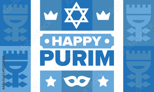 Purim. Happy Purim. Traditional Jewish religious holiday. Star of David, Carnival mask. Israel history. Сelebrated by a masquerade and festival. Poster art. Vector illustration