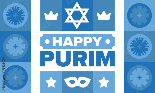 Purim. Happy Purim. Traditional Jewish religious holiday. Star of David, Carnival mask. Israel history. Сelebrated by a masquerade and festival. Poster art. Vector illustration