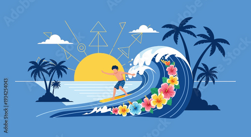 Surfer Riding Tropical Wave with Flowers, Palm Trees, and Sunset