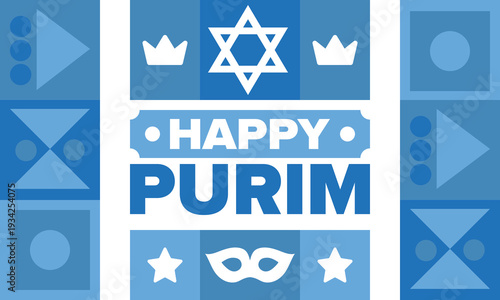 Purim. Happy Purim. Traditional Jewish religious holiday. Star of David, Carnival mask. Israel history. Сelebrated by a masquerade and festival. Poster art. Vector illustration