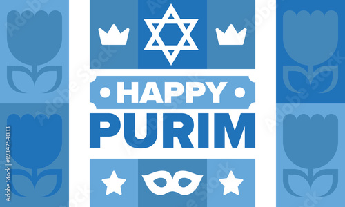 Purim. Happy Purim. Traditional Jewish religious holiday. Star of David, Carnival mask. Israel history. Сelebrated by a masquerade and festival. Poster art. Vector illustration