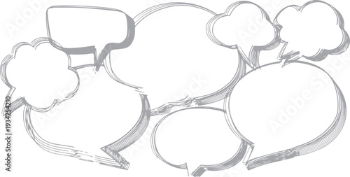 Group of hand drawn grey speech bubbles on white background