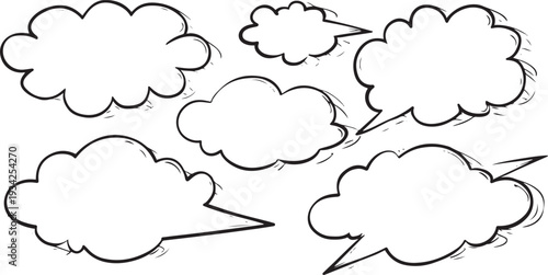 Six hand drawn black and white speech bubbles thought bubble