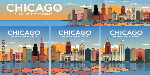 Set of cards banner, card, flyer - Set of cards “Chicago skyline at sunset, Lake Michigan reflection, ultra-wide flat vector banner banner, card, flyer

