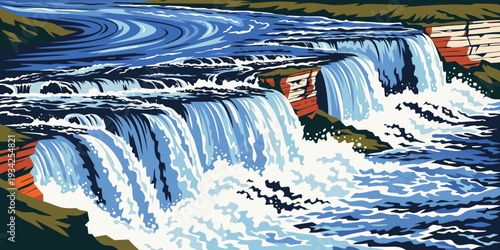 Set of cards banner, card, flyer - Aerial view of Niagara Falls, layered water and cliffs, ultra-wide vector 
