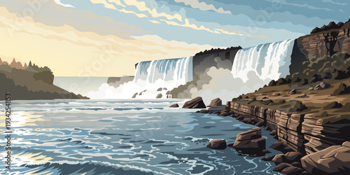 Set of cards banner, card, flyer - Niagara Falls misty sunrise, soft gradient flat vector, panoramic style 
