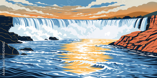 Set of cards banner, card, flyer - Niagara Falls waterfall panoramic sunrise, mist and river, ultra-wide flat vector
