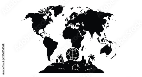 A silhouetted world map rests atop a tropical island scene with palm trees