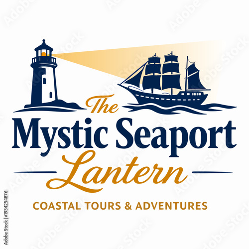 Elegant The Mystic Seaport Lantern logo featuring lighthouse and sailing ship, symbolizing exploration, guidance, heritage, and maritime adventure lighting the way across oceans