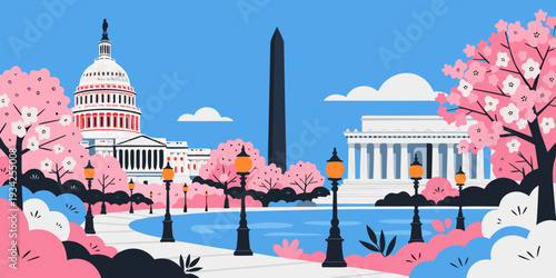 Cherry Blossom Spring Panorama with Washington D.C. Monuments – Ultra‑Wide Flat Vector Panoramic Illustration | USA US U.S. United States Banner, Card & Flyer Design