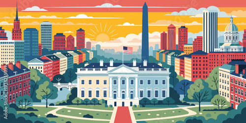 White House Panoramic Sunrise with Washington D.C. Skyline – Ultra‑Wide Flat Vector Illustration | USA US U.S. United States Banner, Card & Flyer Design