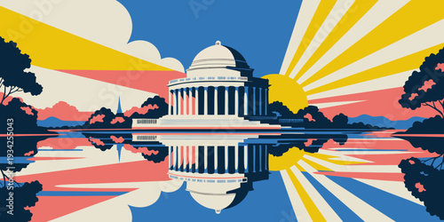 Jefferson Memorial at Sunrise with Reflecting Water – Ultra‑Wide Flat Vector Panoramic Illustration | USA US U.S. United States Banner, Card & Flyer Design