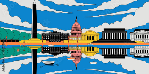 Washington D.C. Monuments with Reflection – Cinematic Ultra‑Wide Flat Vector Panoramic Illustration | USA US U.S. United States Banner, Card & Flyer Design