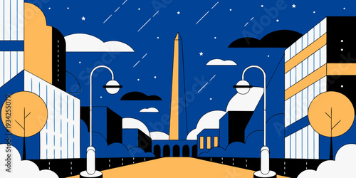 Washington Monument Night Illumination – Ultra‑Wide Flat Vector Panoramic Illustration | USA US U.S. United States Banner, Card & Flyer Design
