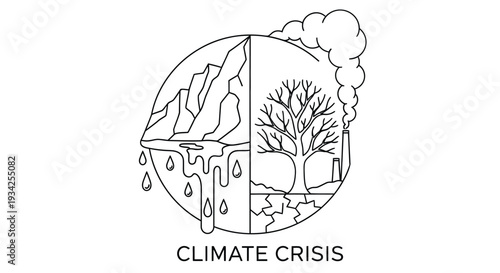 Illustration depicting environmental impact with mountains tree and climate crisis text