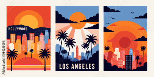 Los Angeles Skyline at Sunset with Palm Trees Silhouette and Hollywood Hills – Cinematic Flat Vector Ultra‑Wide Panoramic Illustration | USA US U.S. United States Banner, Card & Flyer Design
