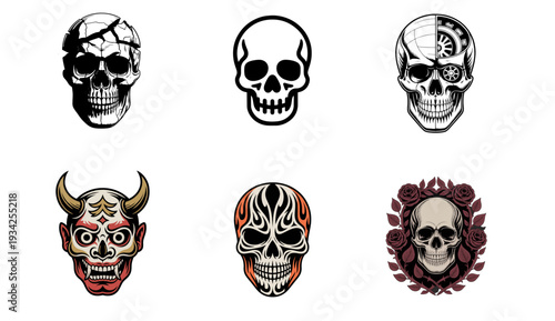 Set of Spooky skull and crossbones illustration with cartoon skeleton heads and bones symbolizing danger and Halloween horror