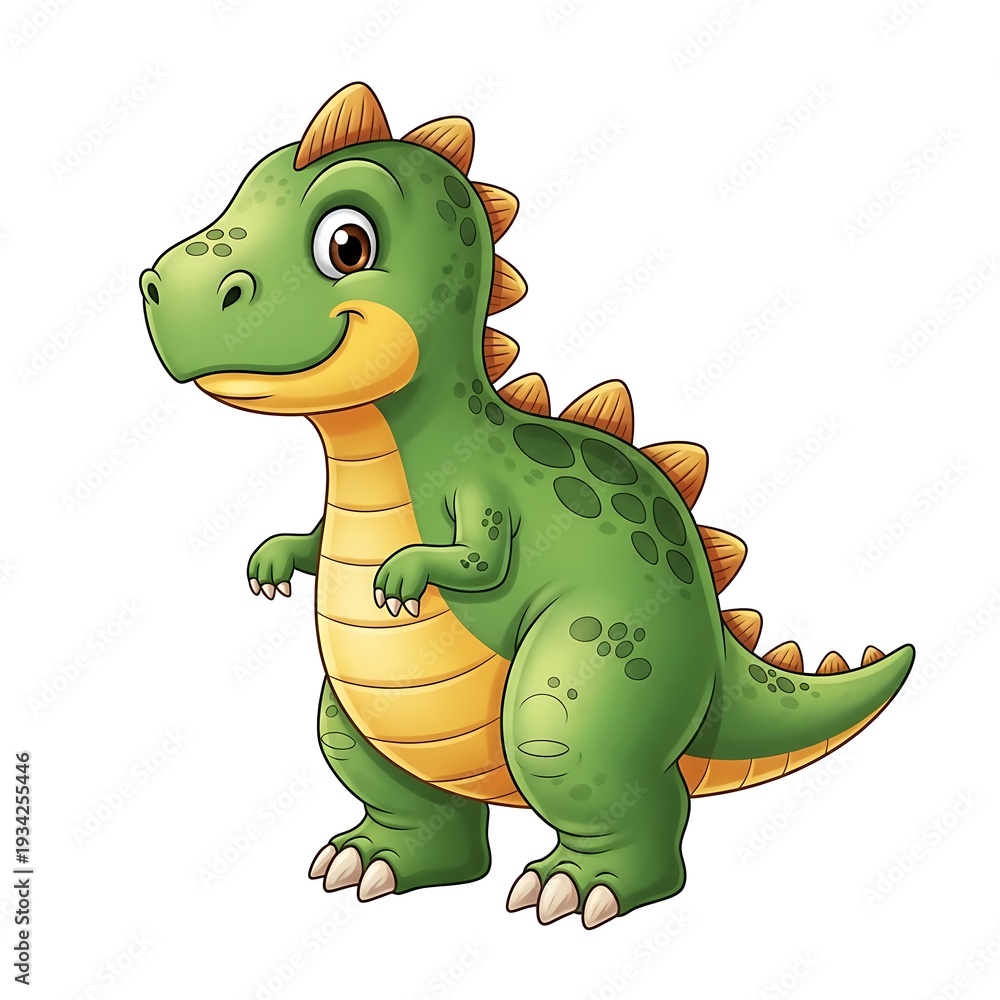 Fototapeta premium A friendly cartoon dinosaur standing on white background with orange spikes and yellow belly