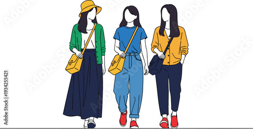 Stylish Young Women Walking Together in Casual Streetwear Outfits with Crossbody Bags Modern Flat Fashion Vector Illustration