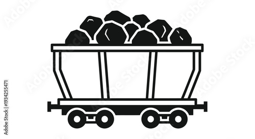 Simple black and white illustration of a minecart filled with coal or rocks