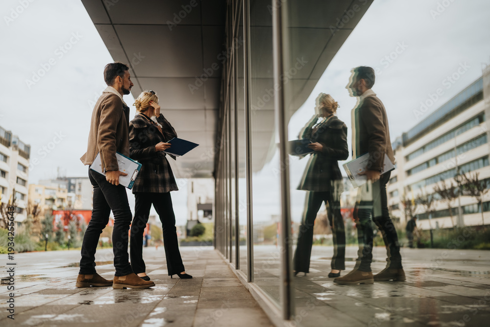 Obraz premium Two professionals stand outside a glass building, holding folders and a notebook. Their reflection appears on the glass as they discuss in an urban, business setting.