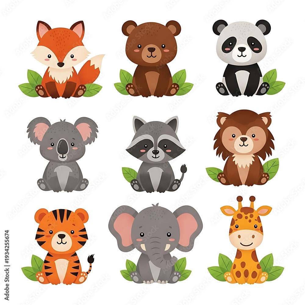 Obraz premium Cartoon animals sitting together in a row on green leaves