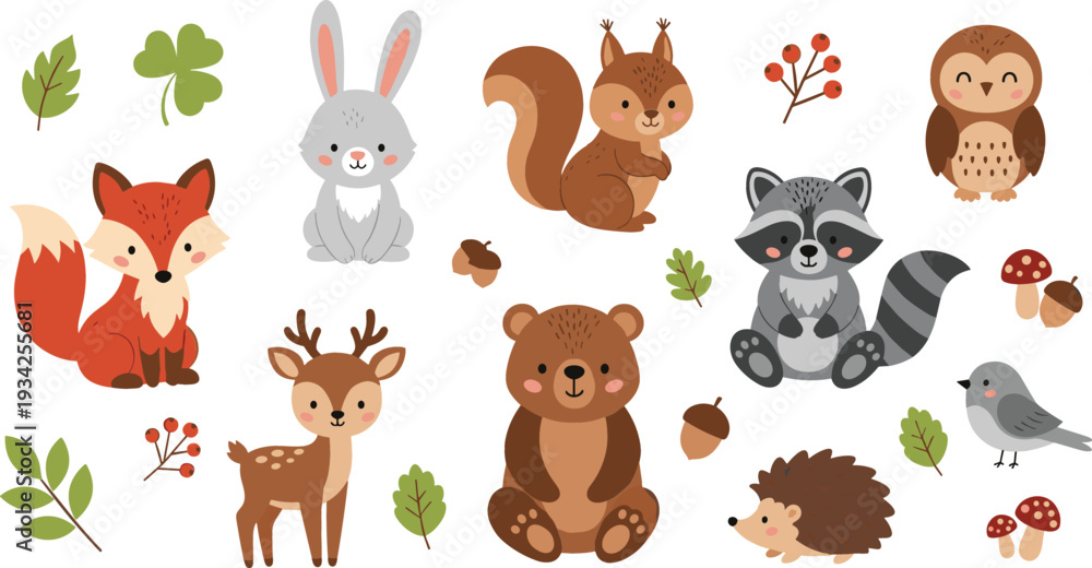 Naklejka premium Cute Forest Animals Collection with Fox, Bear, Raccoon, Deer, Owl, Hedgehog and Rabbit Cartoon Vector Illustration Set