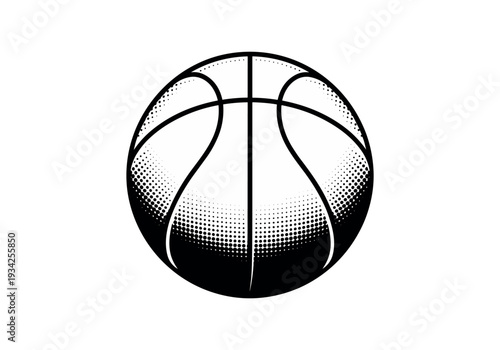 Stylized black and white basketball illustration featuring halftone shading, conveying dynamic energy and classic sports appeal on an isolated white background.