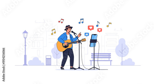 Street Musician Playing Guitar and Singing Live Streamed Online