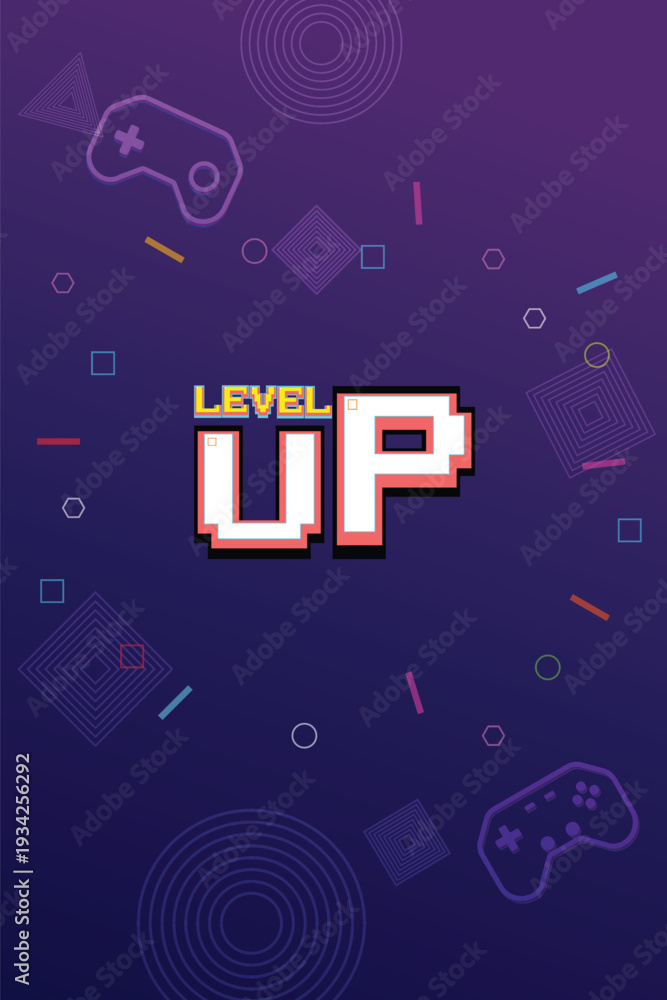 Obraz premium Level up. pixel art 8 bit. Retro Futurism Sci-Fi Background. glowing neon grid. and stars from vintage arcade computer games. Vertical Backgrounds
