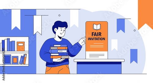 Student with Books at a Fair Invitation Display in Library