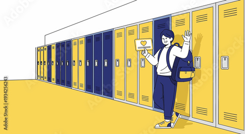 Student Waving By Yellow Lockers With Clipboard - Back to School Concept