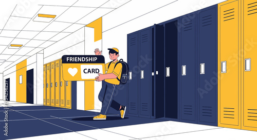 Student with Friendship Card in School Hallway with Lockers
