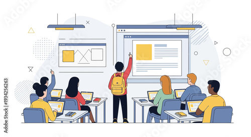 Students Learning in Modern Classroom with Technology and Presentation