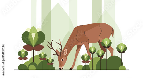 Stylized Deer Grazing in Abstract Forest Landscape