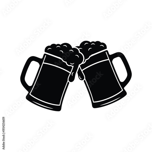 Beer mugs clinking vector illustration for Oktoberfest celebration, black silhouette icon