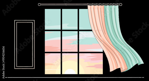 Sunrise Sunset View Through Window with Flowing Curtains