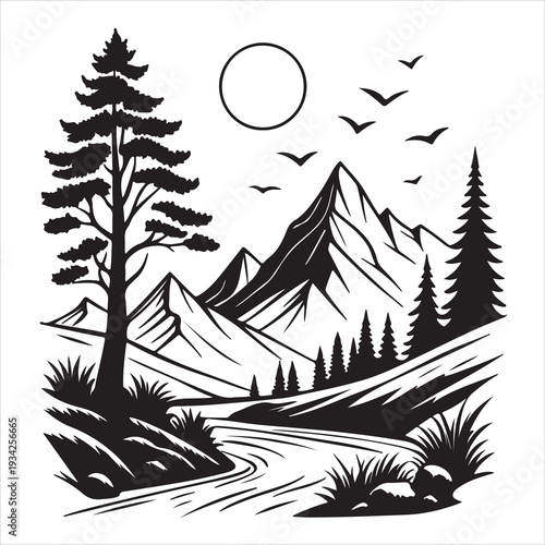 Vector illustration of a tropical island landscape with palm trees and a festive pine forest silhouette featuring snow and winter holiday nature elements for a green xmas card decoration pattern