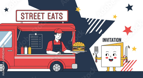 Street Eats Food Truck Festival Invitation Design with Burger and Happy Character