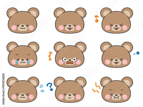 くまの顔アイコン　表情セット　線あり